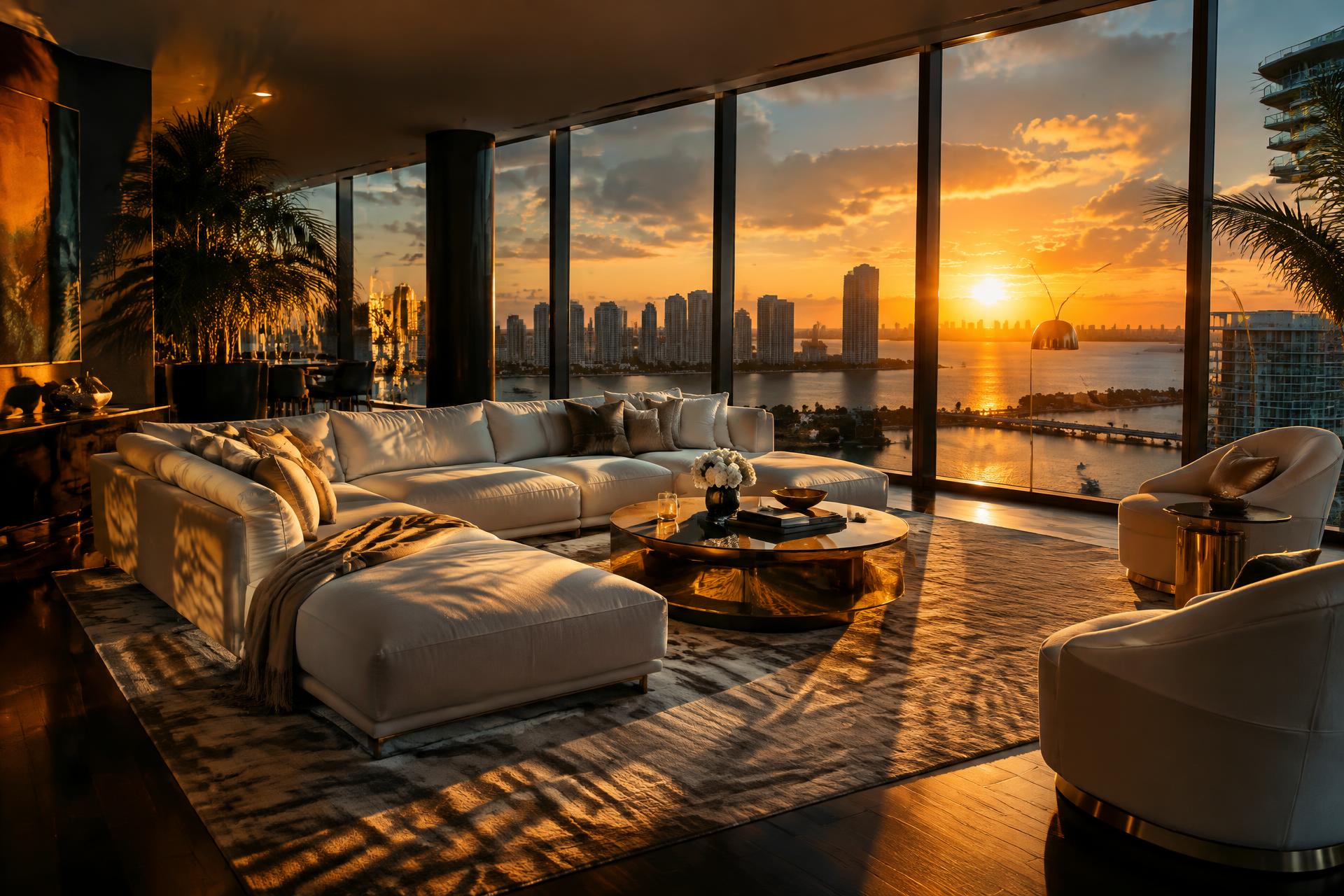 A Miami high-rise living room overlooking the skyline at sunset
