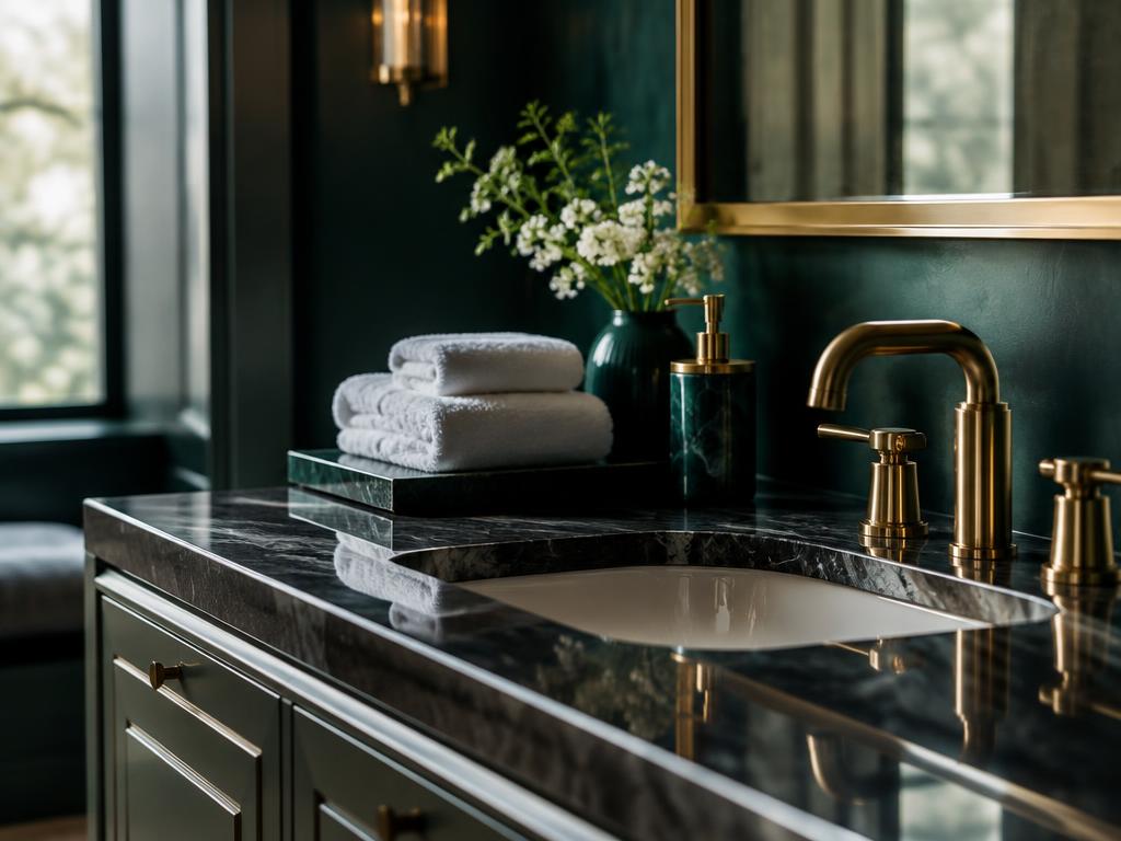 A detailed luxury bathroom vanity with polished brass fixtures and folded towels