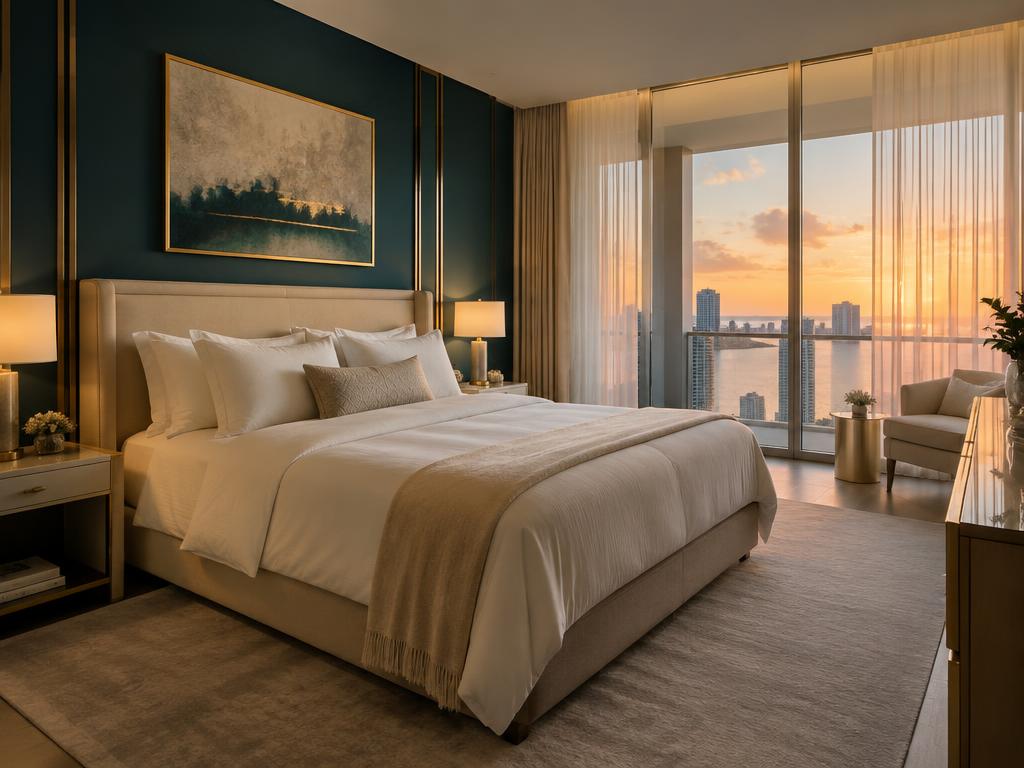 A serene Miami bedroom suite with crisp ivory linens and warm lamplight