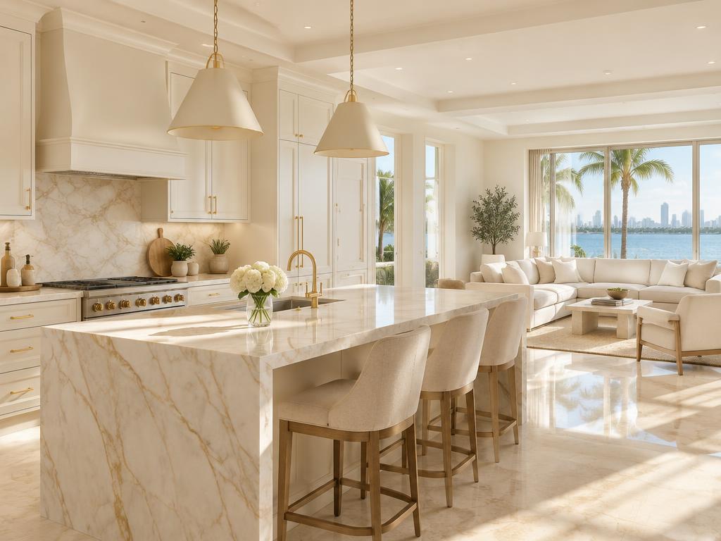A bright, freshly cleaned Miami kitchen and living area with marble counters